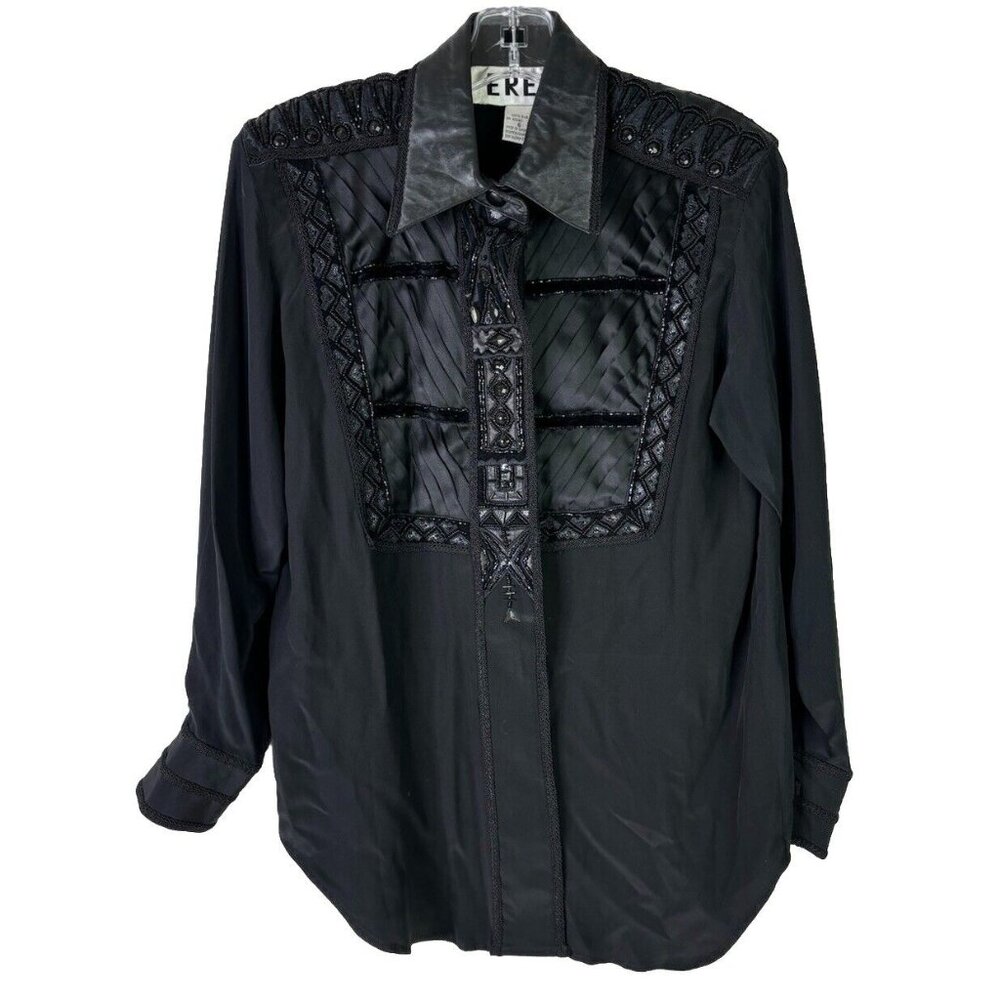 VTG Erez Sz 6 (Small) 100% Silk Black Heavy Embellished Blouse -see Details NWT